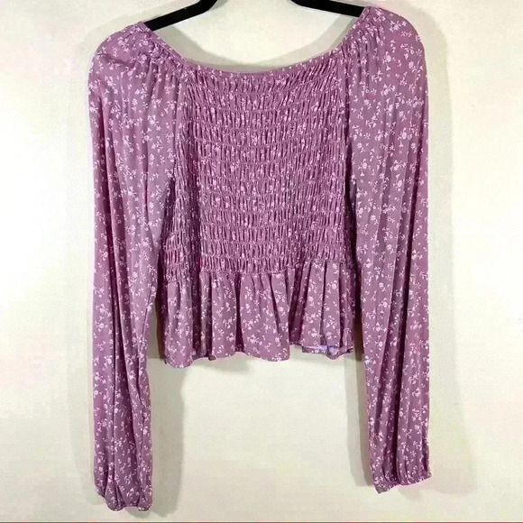 LA Hearts Blush Floral Rayon Smock Balloon Cropped Peasant Boho Ruffle Top - Picture 10 of 14